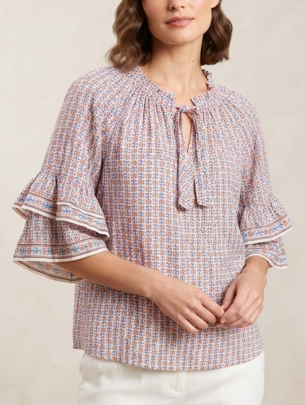 Max Studio London Top Round Neck Raglan Short Slv w Tie Ends Blue Print 1X.